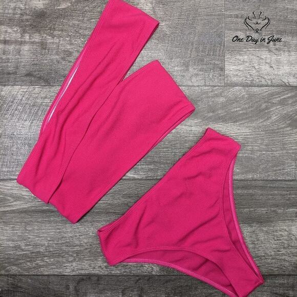 MakeMeChic One Shoulder Ribbed Bandeau Bikini Swimsuit Size M - Picture 1 of 3